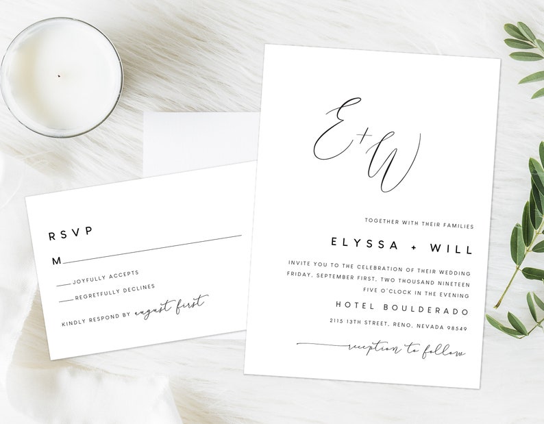 Minimalist Wedding Invitation, Simple Black and White Wedding Invitation, Formal Wedding Invitation, Handwritten Script image 1