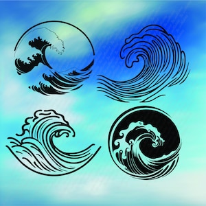 May include: Four black and white illustrations of stylised waves. The waves are drawn in a traditional Japanese style. The illustrations are on a blue and white background.