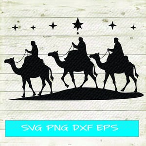 Może przedstawiać: Trzy czarne sylwetki postaci jadących na wielbłądach, z gwiazdą nad nimi. Postacie są ubrane w szaty i mają aureole. Wielbłądy idą w szeregu, z gwiazdą w tle.