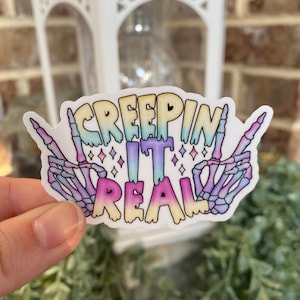 Pastel Goth Creepin it Real Spooky Cute Halloween Sticker | Pastel Halloween, Spooky Sticker, Creepy Cute, Treat Bag Stickers, Spooky Gothic