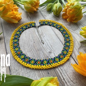 Yellow and blue bead necklace Ukraine style beaded jewelry Seeed bead necklace Ukraine flag Ethnic style necklace