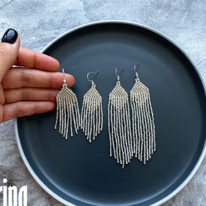 Silver earrings Beaded earrings Long seed bead earrings Tassel earrings Boho earrings Fringe earrings Dangle earrings Wedding earrings Bride