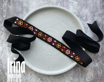 Geometric beaded choker Stripe gerdan Traditional Ukraine bead necklace Black Ribbon gerdan vyshyvanka Ternopil region pattern Ancient copy