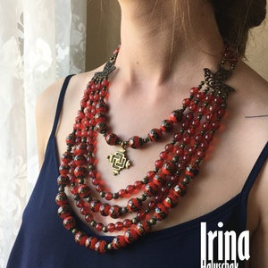 Venetian beads multi strand necklace. Ukrainian traditional necklace with birds. Намисто з гуцульським хрестом image 3