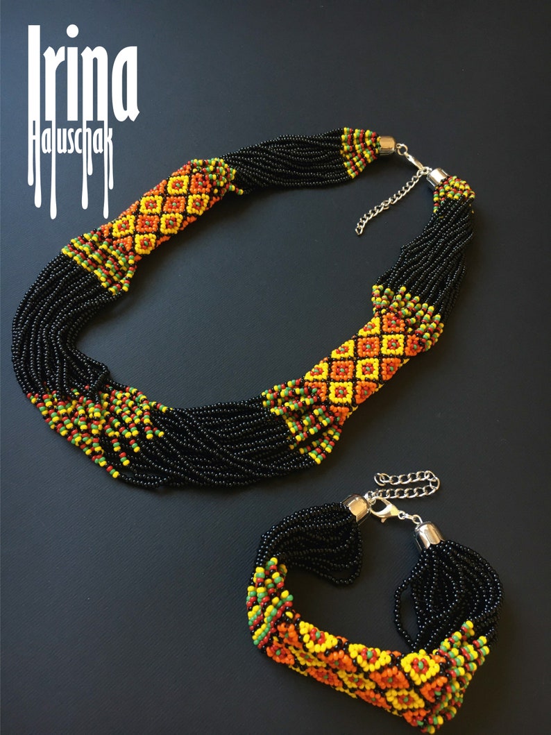Hutsul folk ukrainian necklace and bracelet set Beaded | Etsy