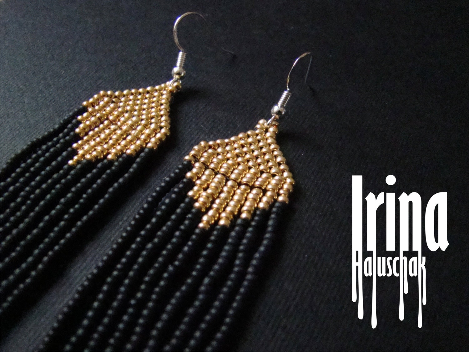 Matte Black Beaded Earrings Gold Seed Bead Earrings Minimalist Etsy