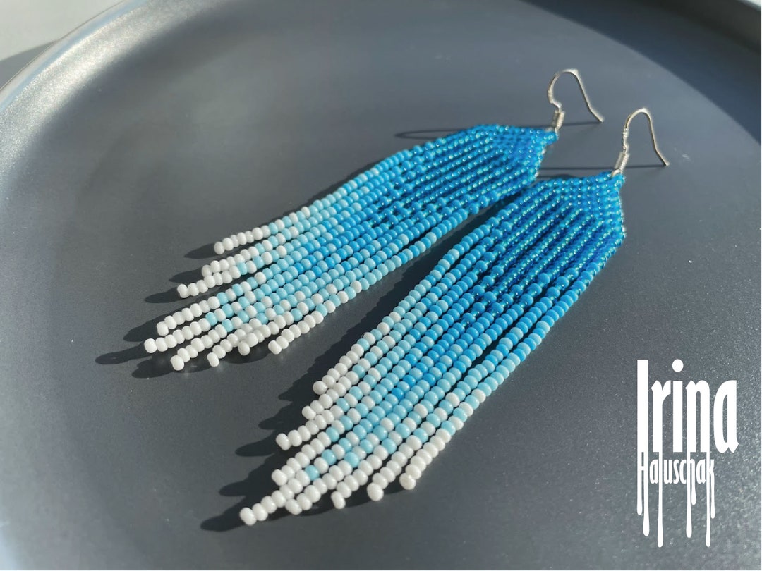 Gradient Blue Beaded Earringss White Seed Bead Earrings Boho Earrings ...