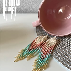 Handwoven earrings Bead earrings Craft seed bead chandelier earrings Fringe earrings Pink earrings Turquoise earrings Gold boho Tassel image 4