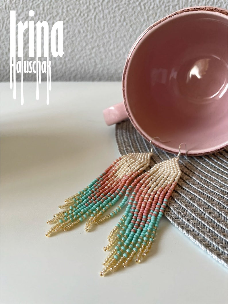 Handwoven earrings Bead earrings Craft seed bead chandelier earrings Fringe earrings Pink earrings Turquoise earrings Gold boho Tassel image 4