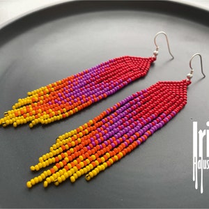 Red bead earrings Gradient boho beaded earrings Statement fringe jewelry Bohemian pink and orange earrings Dangle Chandelier earrings Tasse