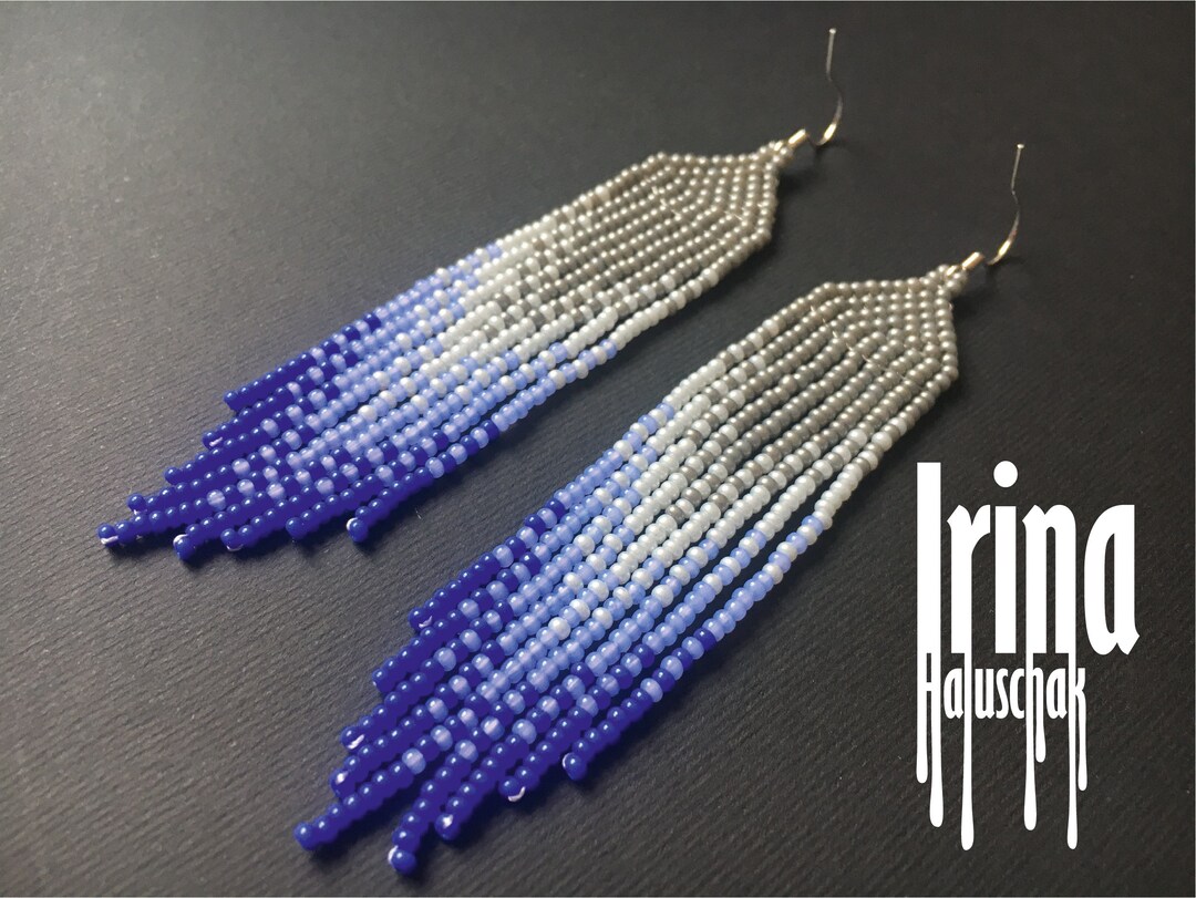 Gray and Havy Blue Beaded Earrings Gradient Seed Bead Earrings Light ...