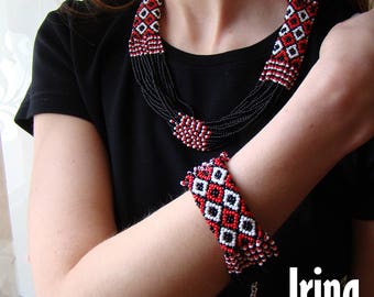 Black and red Jewelry Set Folk necklace and bracelet Ukrainian seed bead nekclace Beaded bracelet Vyshyvanka jewelry ser Ukraine jewelry