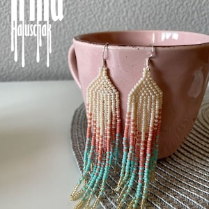 Handwoven earrings Bead earrings Craft seed bead chandelier earrings Fringe earrings Pink earrings Turquoise earrings Gold boho Tassel image 10