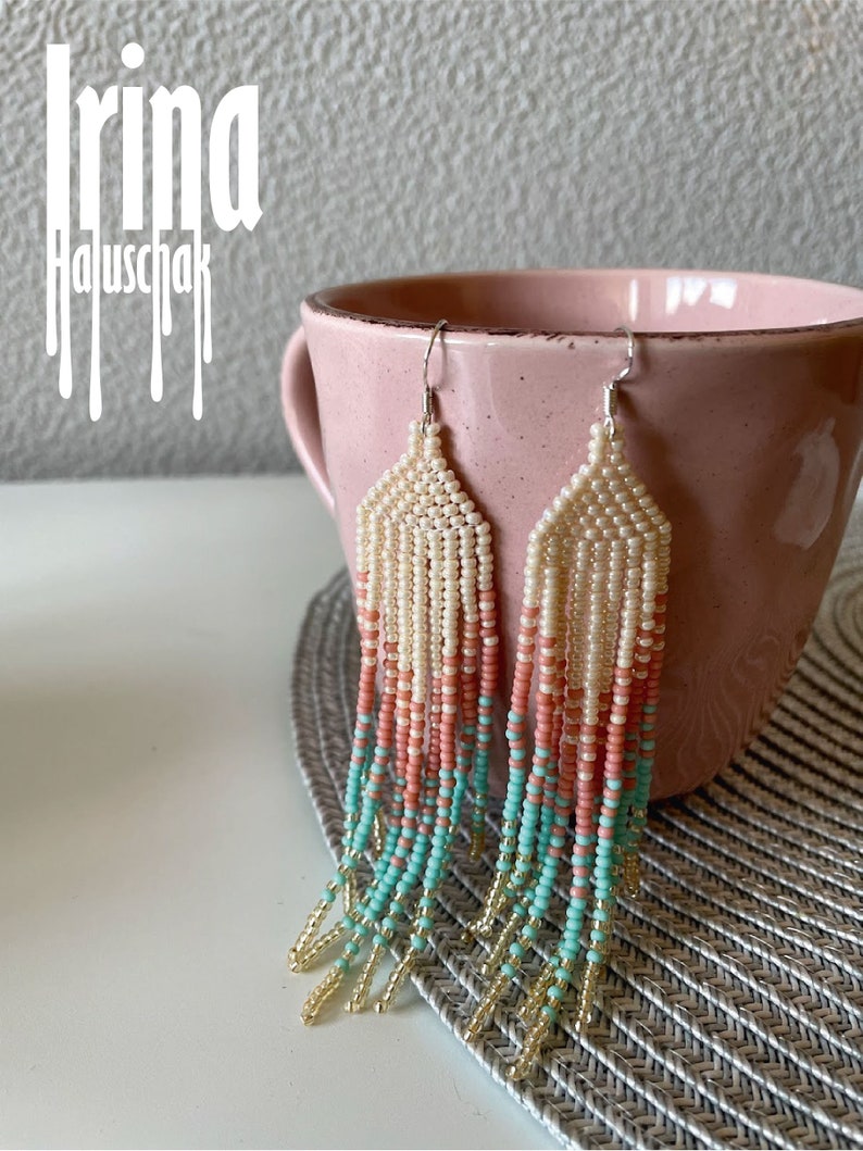 Handwoven earrings Bead earrings Craft seed bead chandelier earrings Fringe earrings Pink earrings Turquoise earrings Gold boho Tassel image 10