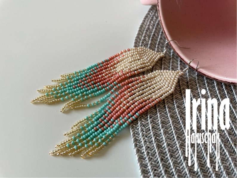 Handwoven earrings Bead earrings Craft seed bead chandelier earrings Fringe earrings Pink earrings Turquoise earrings Gold boho Tassel image 5