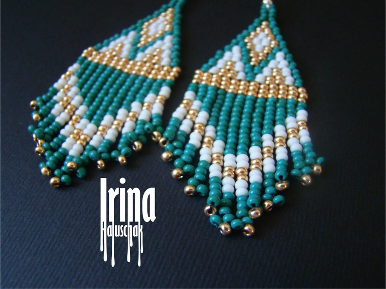 Emerald and Gold Beaded Earrings Tassel Earrings Fringe Bead Etsy