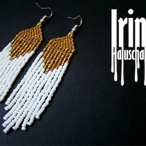 Kralenoorbellen, rocailles, moderne oorbellen, boho-oorbellen, franjeoorbellen, kralensieraden, wit en goud, tribale oorbellen