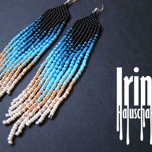 Blue and black gradient bead earrings Seed bead earrings Blue beaded earrings Boho earrings Fringe earrings Dangle gold  earrings Tassel
