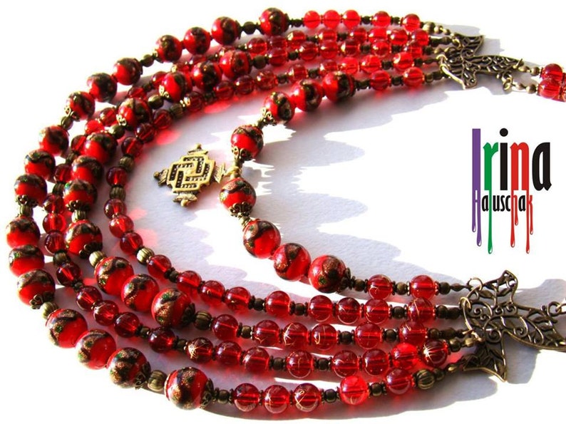 Venetian beads multi strand necklace. Ukrainian traditional necklace with birds. Намисто з гуцульським хрестом image 4