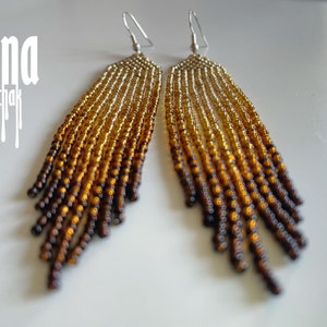 Gold gradient beaded earrings Seed bead earrings Bead earrings Gradient from light gold to dark gold Bohemisn earrings Long earrings image 5