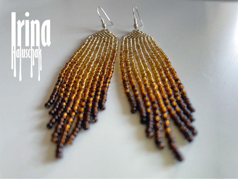 Gold gradient beaded earrings Seed bead earrings Bead earrings Gradient from light gold to dark gold Bohemisn earrings Long earrings image 5