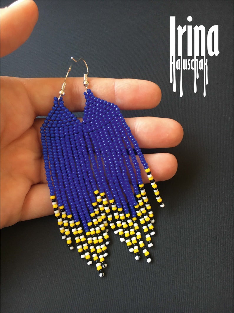 Navy Blue Beaded Earrings Seed Bead Earrings Native American Earrings ...