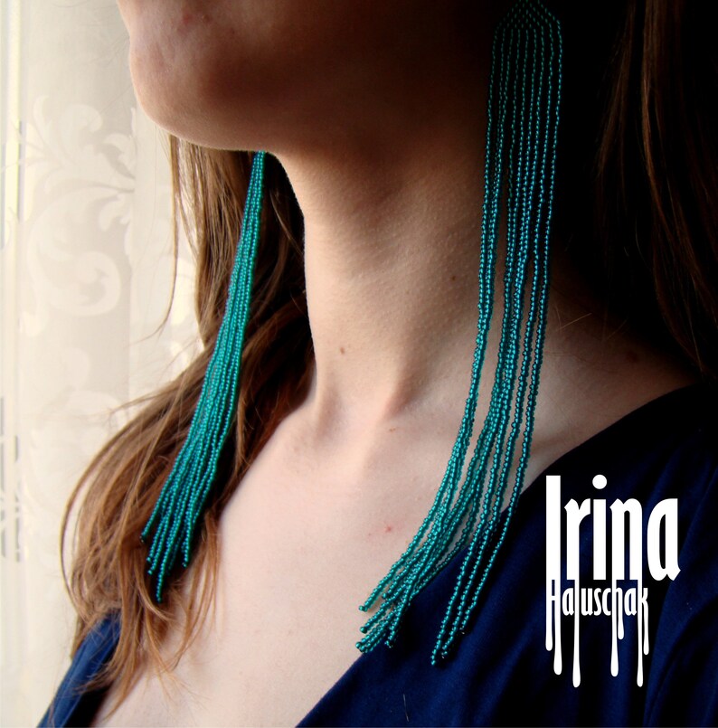Shine emerald Extra long beaded earrings Fringe Earrings Etsy