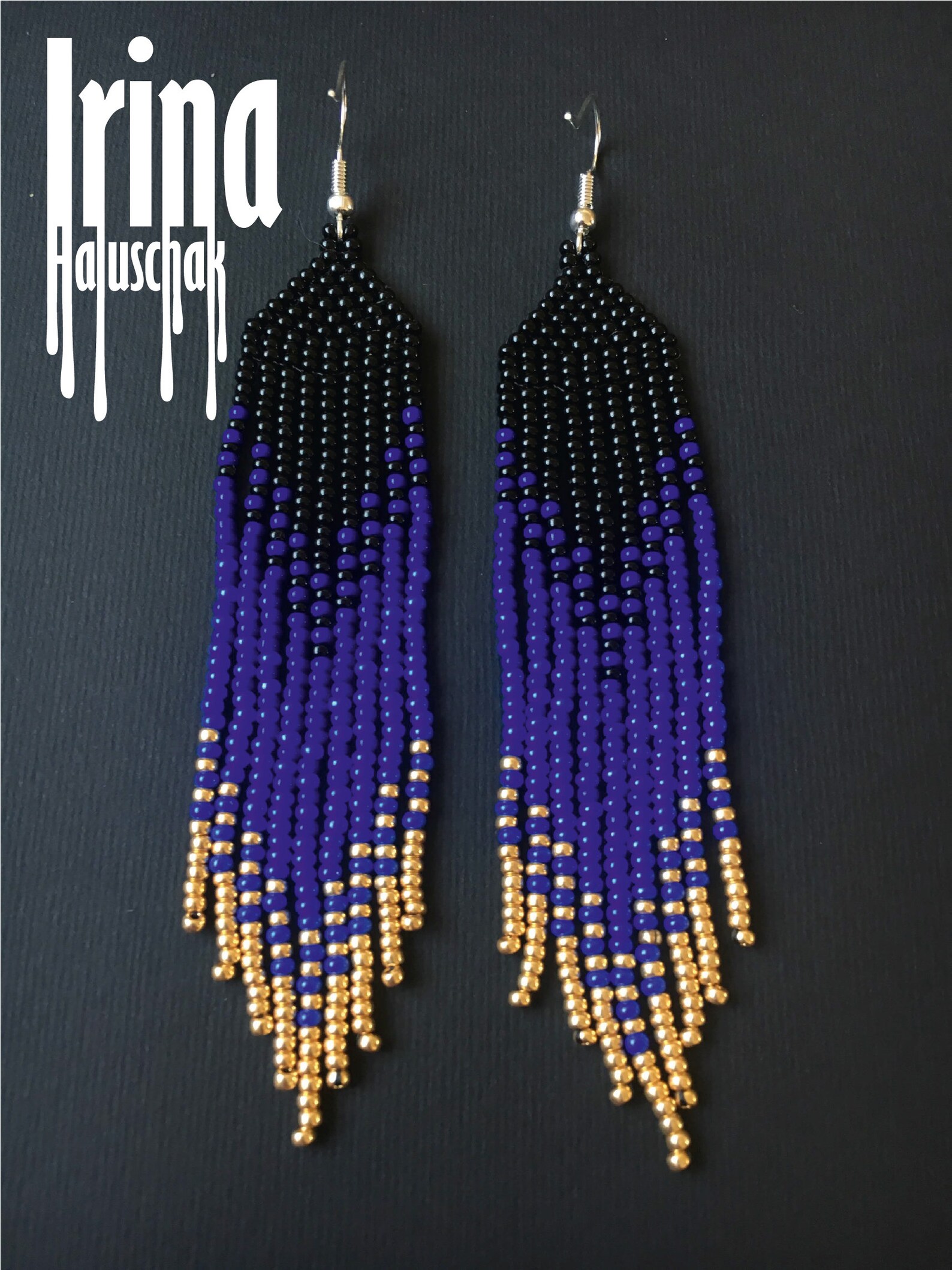 Beaded Earrings Navy Blue and Gold Gradient Seed Bead Earrings Native ...