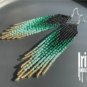 Emerald seed bead earrings Black beaded earrings Evening earrings Long earrings Native earrings Green chandelier earrings Beadwork earrings