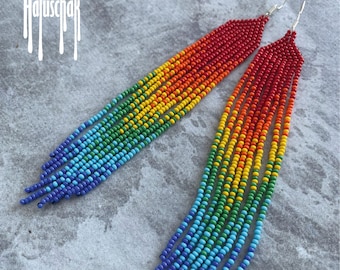 Fringe seed bead long earrings Rainbow