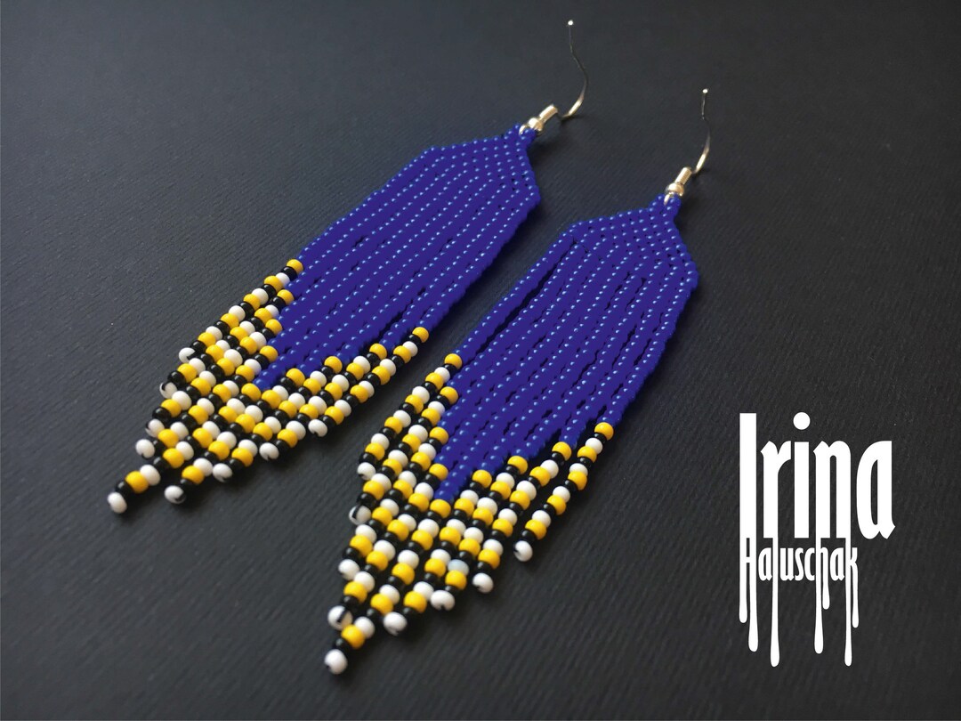 Navy Blue Beaded Earrings Seed Bead Earrings Native American Earrings ...