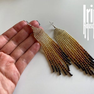 Gold gradient beaded earrings Seed bead earrings Bead earrings Gradient from light gold to dark gold Bohemisn earrings Long earrings image 7