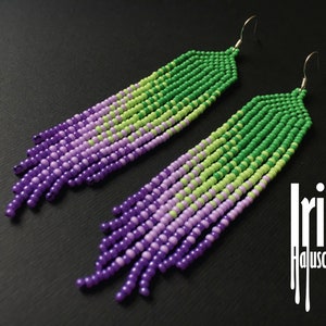 Green seed bead earrings Purple beaded earrings Gradient czech violet beads earrings Long dangle earrings Tassel earrings Indian earrings