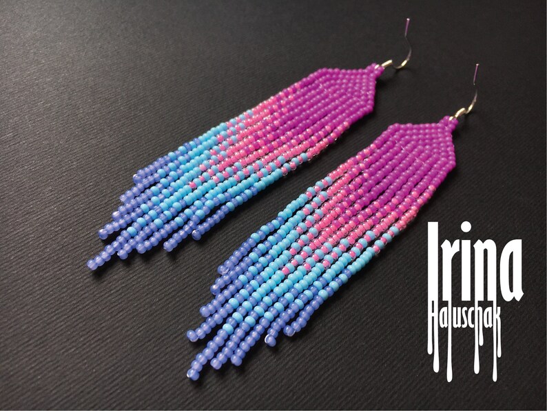 Fuchsia Pink Beaded Earrings Long Blue Seed Bead Earrings Etsy