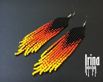 Fire red fringe earrings Black beaded earrings Gradient long seed bead earrings Chandelier orange earrings Fire boho jewelry Dangle earrings