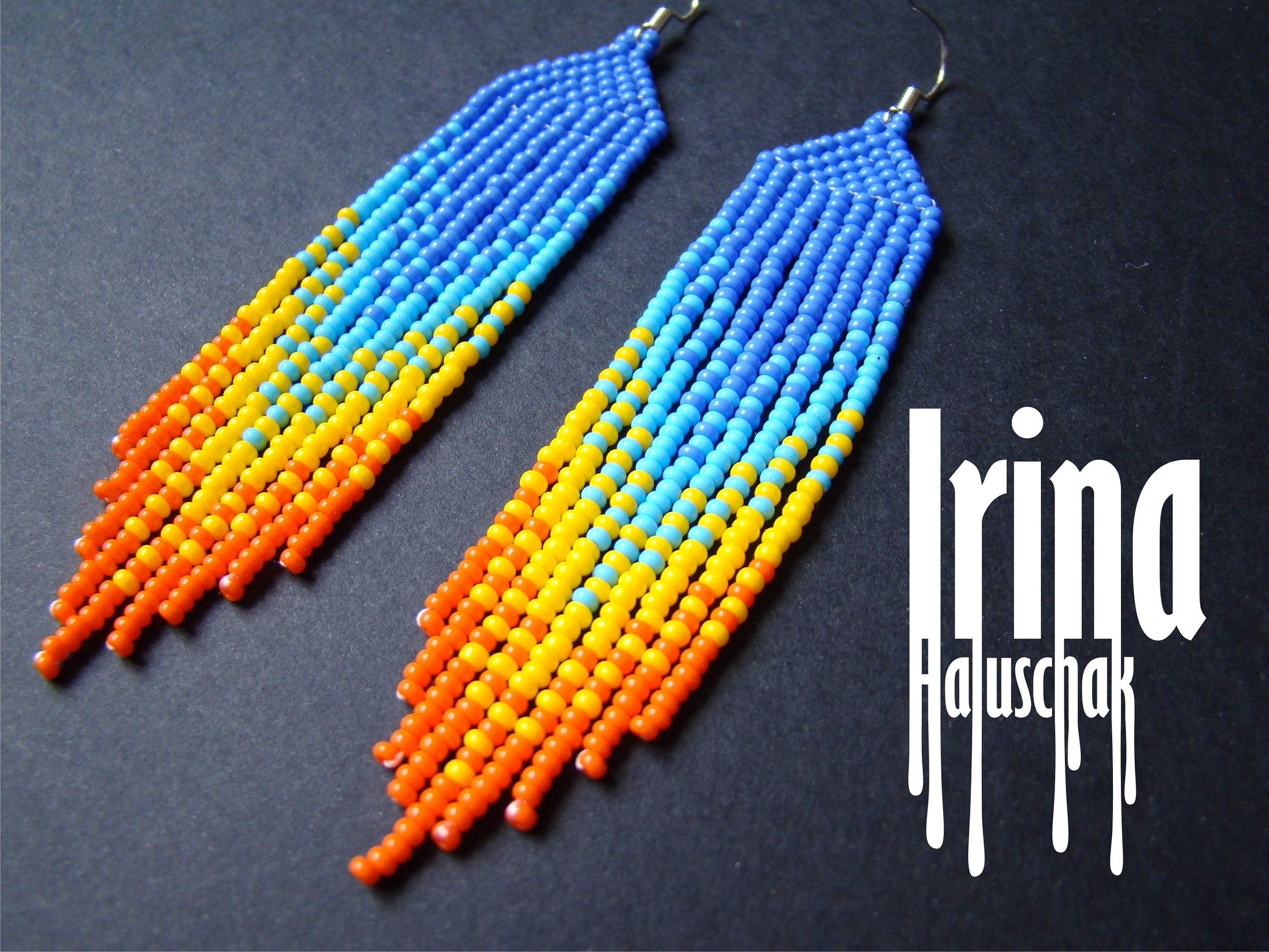 Gradient blue and yellow beaded earrings seed bead earrings Etsy