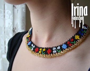 Replica of ancient folk ukrainian beaded neckalce Vyshyvanka seed bead necklace Gerdan Sylianka to vyshyvanka Gold floral bohemian jewelry