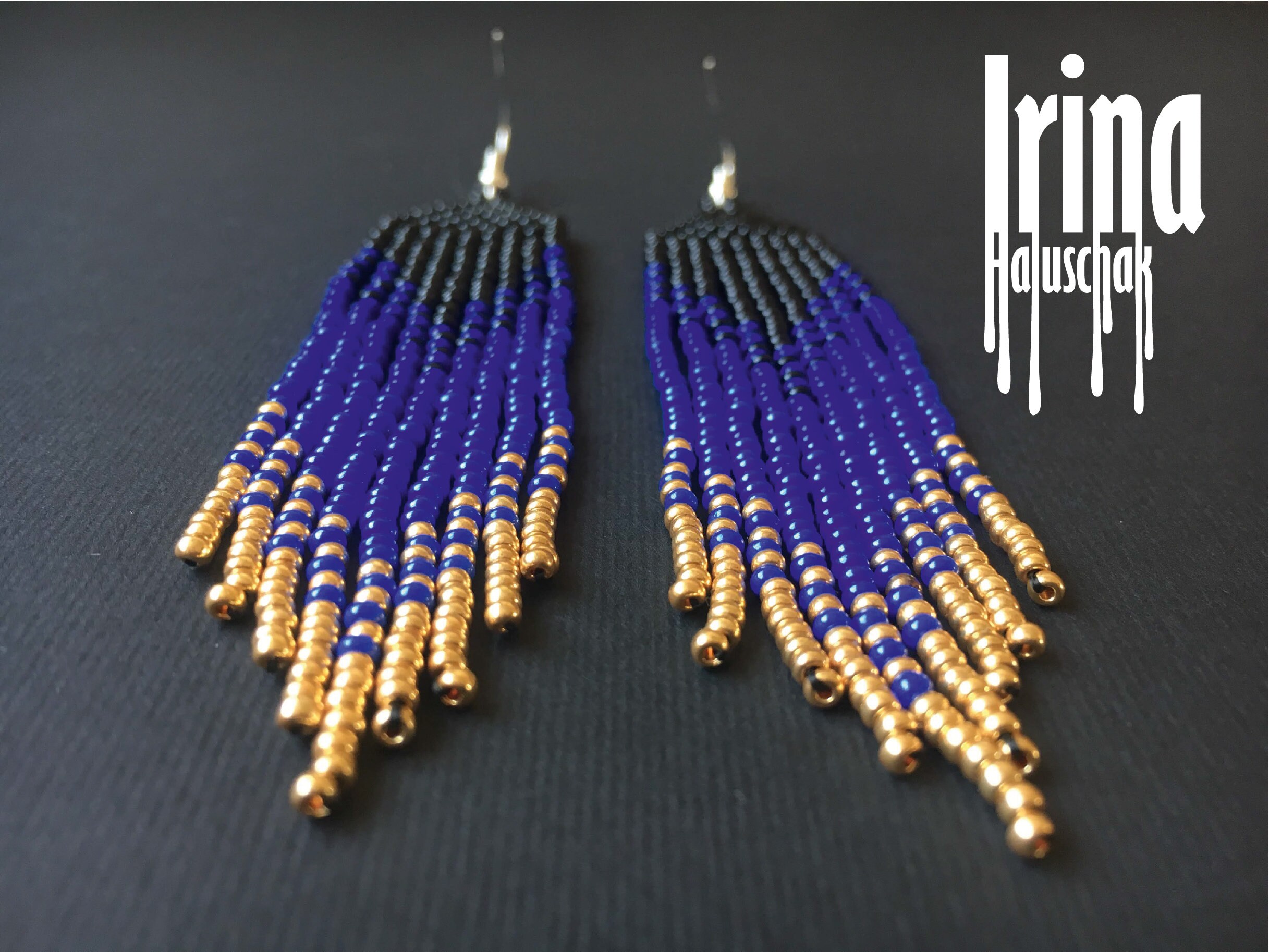 Beaded Earrings Navy Blue and Gold Gradient Seed Bead Earrings Native ...
