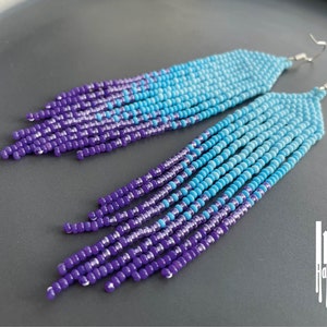 Beaded earrings Light blue Gradient seed bead earrings Deep violet Tassel earrings Long Fringe earrings Indian Dangle Bohemian earrings