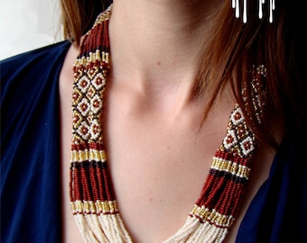 Ukrainian necklace to vyshyvanka Gold necklace Brown Necklace Tribal necklace Ethic necklace Ukraine seed bead necklace Beaded necklace