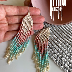 Handwoven earrings Bead earrings Craft seed bead chandelier earrings Fringe earrings Pink earrings Turquoise earrings Gold boho Tassel image 6