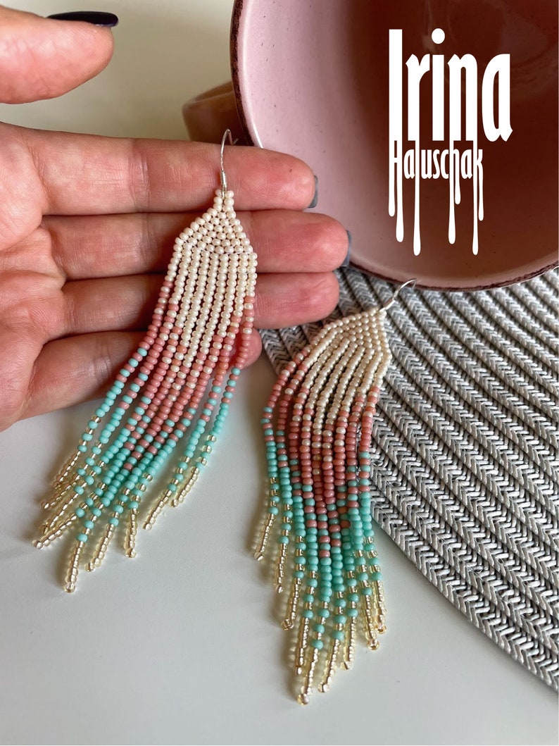 Handwoven earrings Bead earrings Craft seed bead chandelier earrings Fringe earrings Pink earrings Turquoise earrings Gold boho Tassel image 6