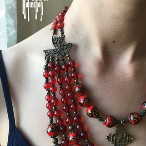 Venetian beads multi strand necklace. Ukrainian traditional necklace with birds. Намисто з гуцульським хрестом image 6