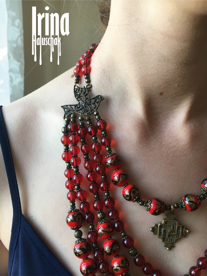 Venetian beads multi strand necklace. Ukrainian traditional necklace with birds. Намисто з гуцульським хрестом image 6