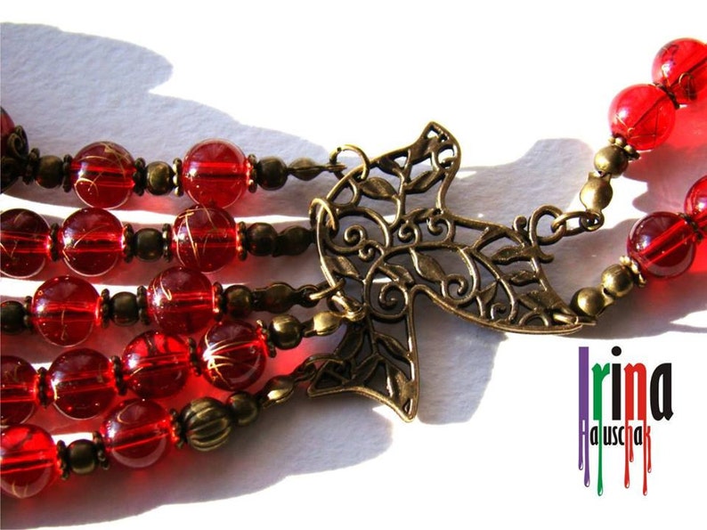 Venetian beads multi strand necklace. Ukrainian traditional necklace with birds. Намисто з гуцульським хрестом image 5