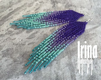 Dark violet beaded earrings Turquoise seed bead earrings Gradient long beaded earrings Czech beads tassel earrings Long boho earrings Indian