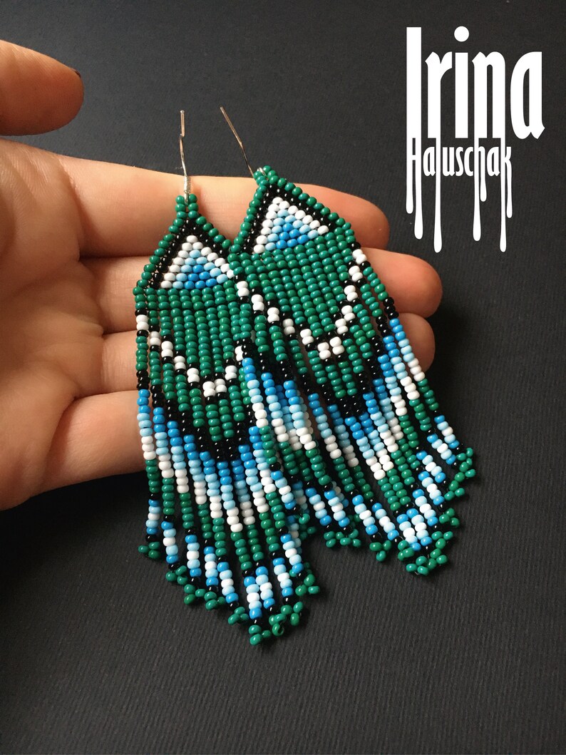 Emerald and Gradient Blue Seed Bead Earrings Long Tassel Beaded Dangle ...