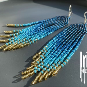 Blue Beaded earrings, seed bead earrings, modern earrings, boho, fringe earrings, beadwork, gradation from blue to light gold Chevron