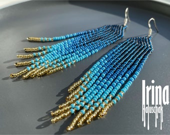 Blue Beaded earrings, seed bead earrings, modern earrings, boho, fringe earrings, beadwork, gradation from blue to light gold Chevron