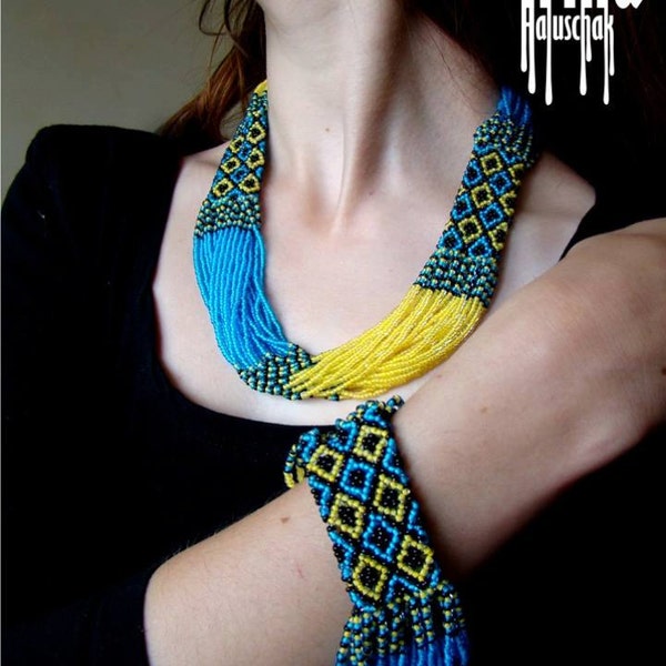 Yellow and blue multistrand necklace and bracelet Beaded necklace Seed bead bracelet Ukraine jewelry set Ukrainian flag Vyshyvanka necklace